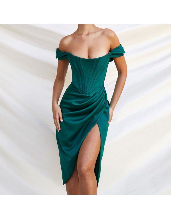 New product: shoulder, breast, fish bone, slim fit, split, solid color, foreign trade, fashion, sexy, European and American dress