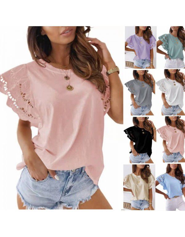 Summer New Solid Round Neck Panel Lace Flying Sleeve Short Sleeve T-shirt Top Women