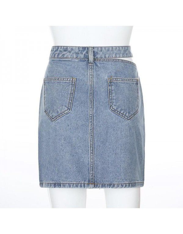 Hollow out Denim Skirt High Waist Slim Casual Wrapped Hip Denim Skirt Short Skirt Women