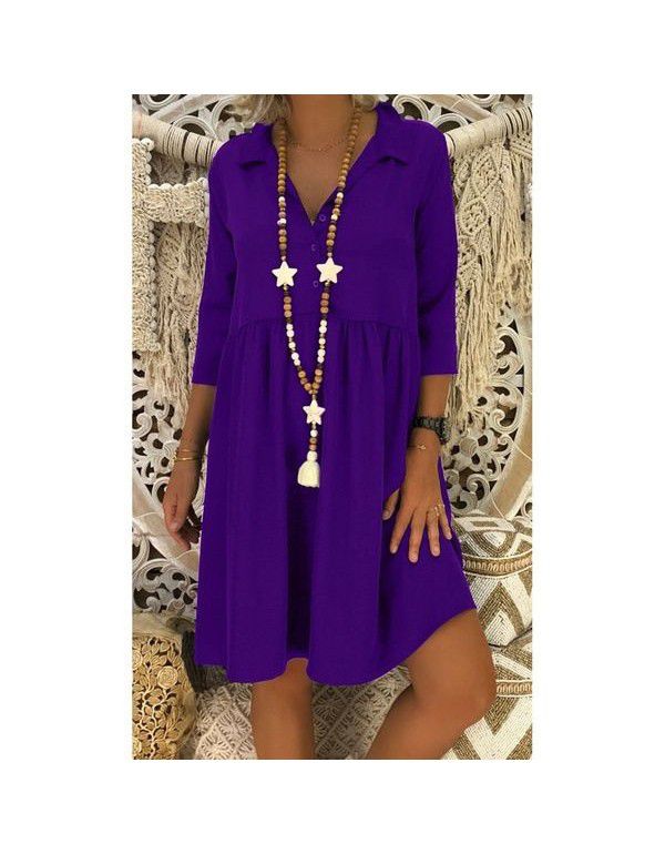 Popular European and American style 3/4 sleeve deep V-neck loose casual solid color dress