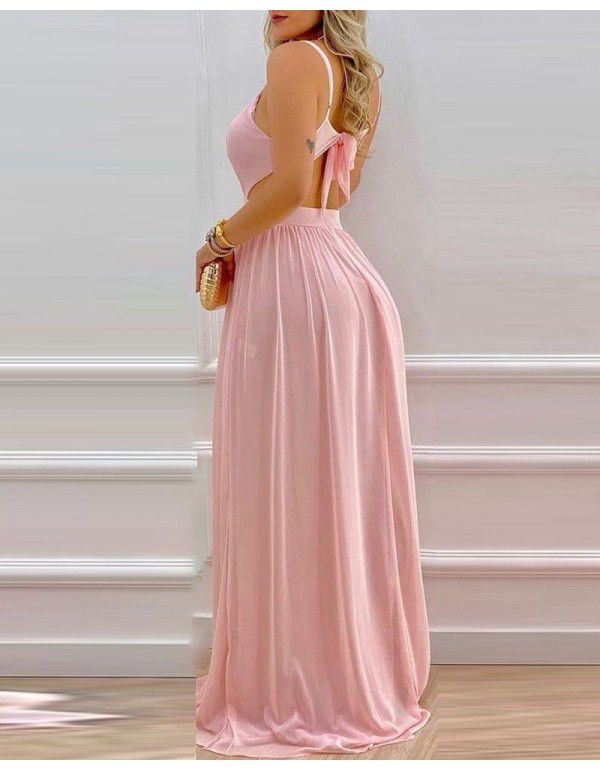 Spring and Autumn Mid-waist Solid Knee Length Straight Dress Pink Temperament Commuter Strap Long Dress Dress 