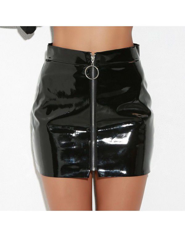 Circular Zipper Skirt High Quality Shiny Leather PU Slim Fit Skirt 