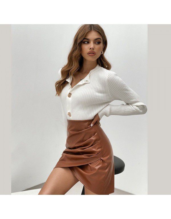 Irregular Solid Color Versatile Hip Wrap Half PU Leather Skirt for Women