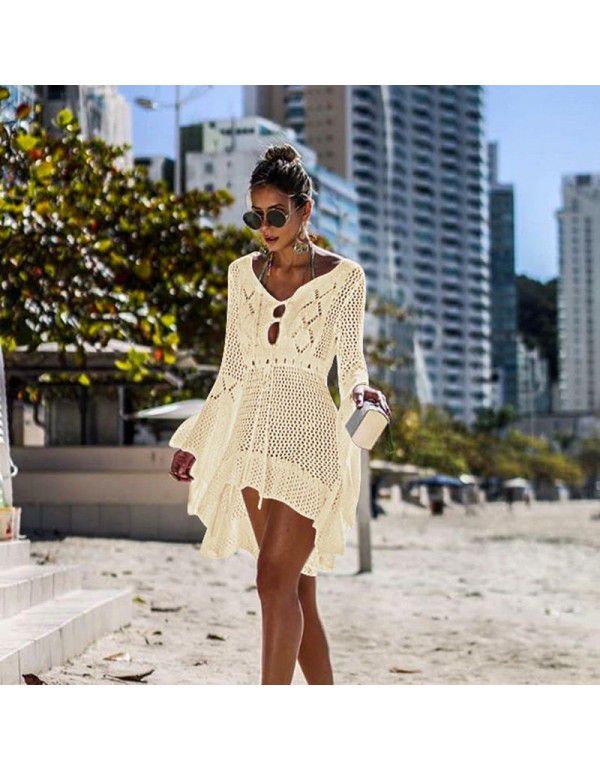 Irregular Deep V Sexy Flare Sleeve Hollow Out Woven Beach Gown Dress