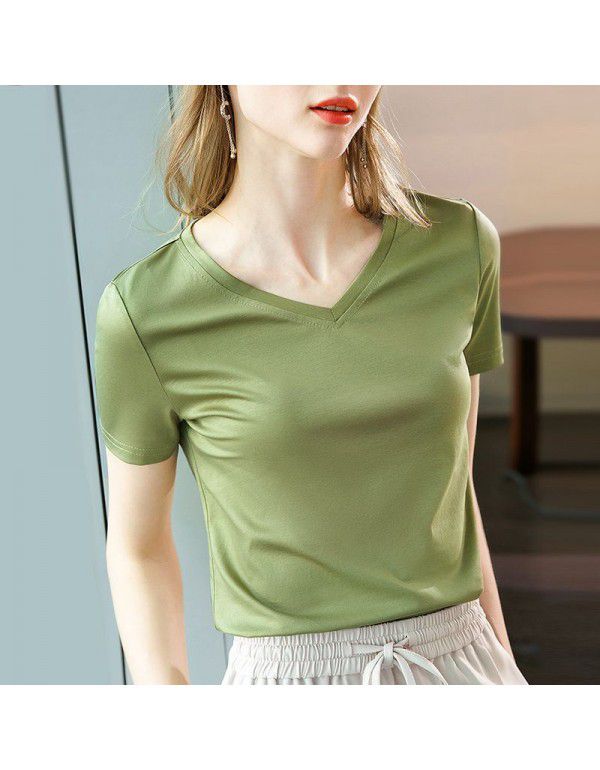 Ice feeling mercerized cotton short-sleeved t-shirt women's new style women's temperament v-neck pure cotton t-shirt pure color high-grade top 