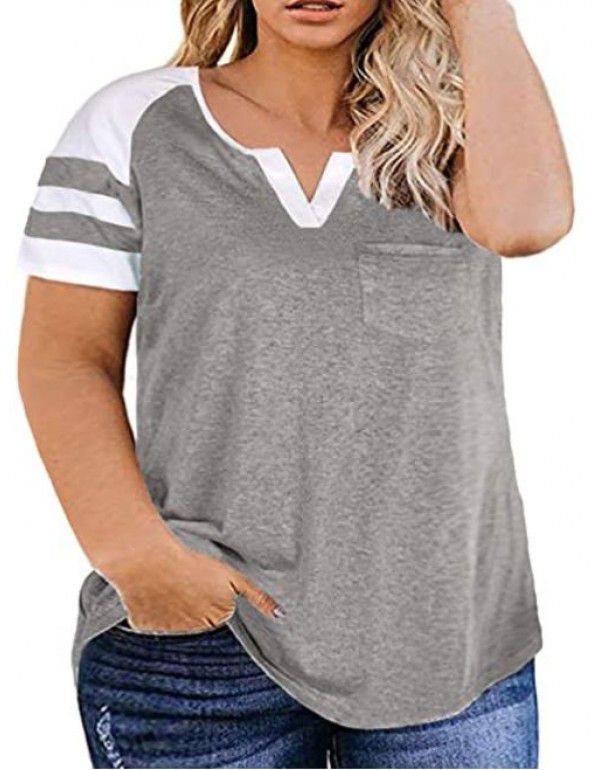 Amazon New Women's Plus Size Top Summer V-neck Raglan Sleeve T-shirt Pocket Style