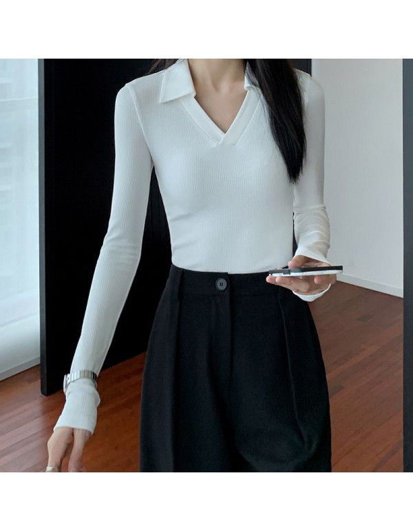 Casual black v-neck polo knitted t-shirt women's new Korean long-sleeved slim bottom shirt top women 