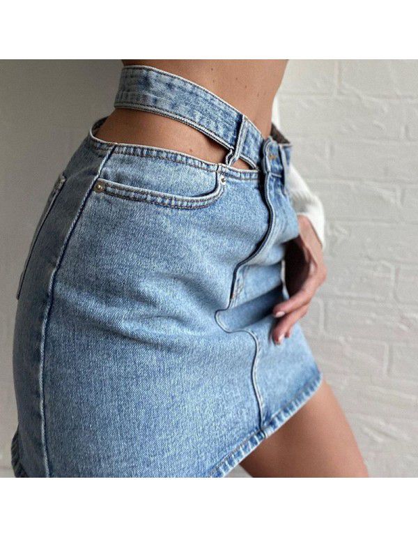 Hollow out Denim Skirt High Waist Slim Casual Wrapped Hip Denim Skirt Short Skirt Women