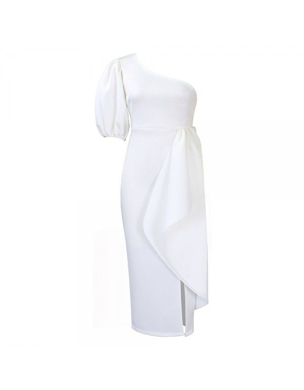 New Independent Station Oblique Collar Split Ruffle Dress Sexy Occidental Dress