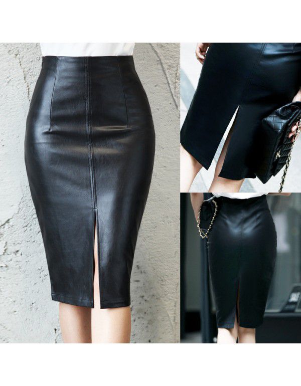 Autumn Temperament High Waist Split Women's Half PU Leather Skirt Wrapped Hip Skirt