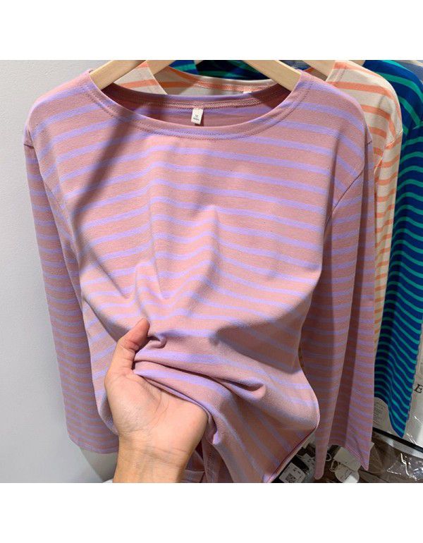 Cotton loose striped bottom shirt for women with spring and autumn Korean design sense long-sleeved T-shirt round neck versatile top 