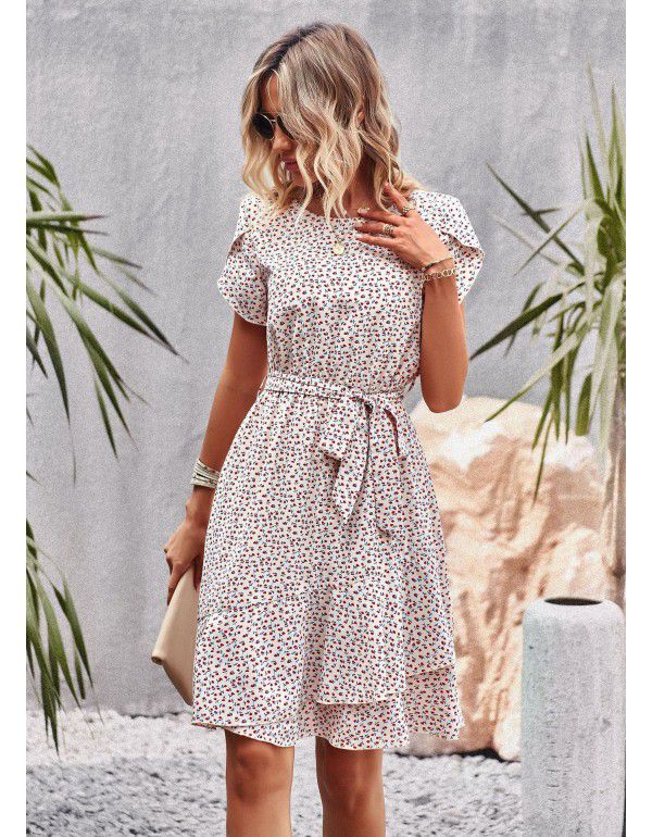 Round Neck Temperament Casual Dress Summer Lace Waist Women's Dress 