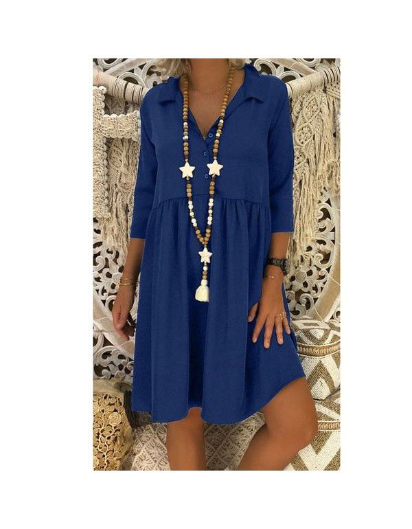 Popular European and American style 3/4 sleeve deep V-neck loose casual solid color dress