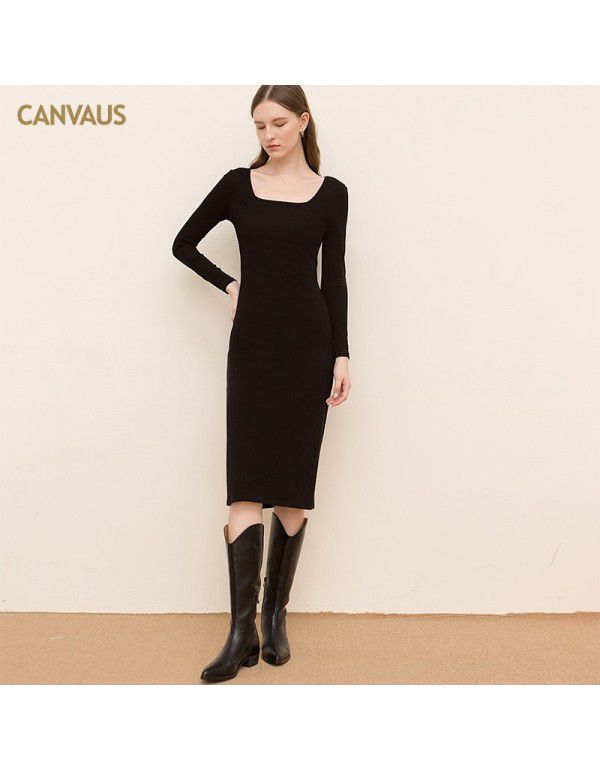 New Square Neck Cotton Medium Length Dress Women Solid Long Sleeve Slim Fit Split Mid Waist Pencil Dress Women