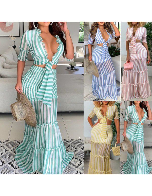 European and American women's two-piece striped pe...