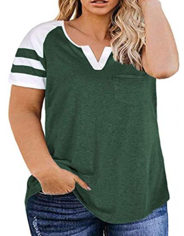 Amazon New Women's Plus Size Top Summer V-neck Raglan Sleeve T-shirt Pocket Style