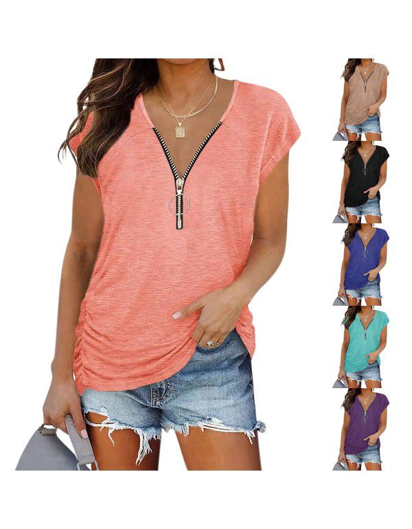 New chest zip pleated casual short sleeve T-shirt for women