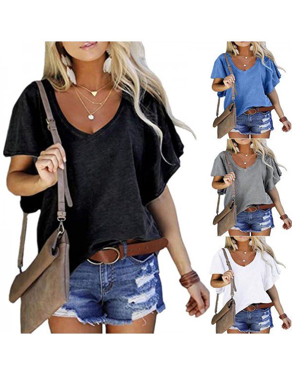 New Solid Ruffle Sleeve Loose V-neck Short Sleeve ...