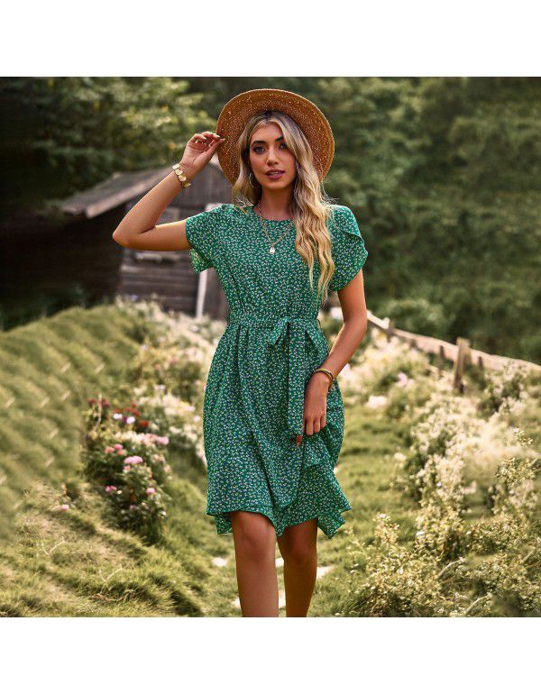 Round Neck Temperament Casual Dress Summer Lace Waist Women's Dress 