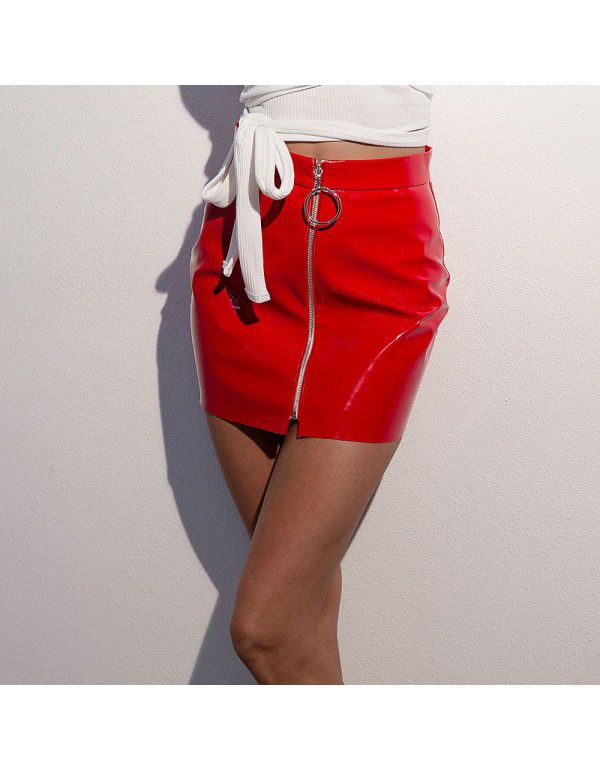 Circular Zipper Skirt High Quality Shiny Leather PU Slim Fit Skirt 