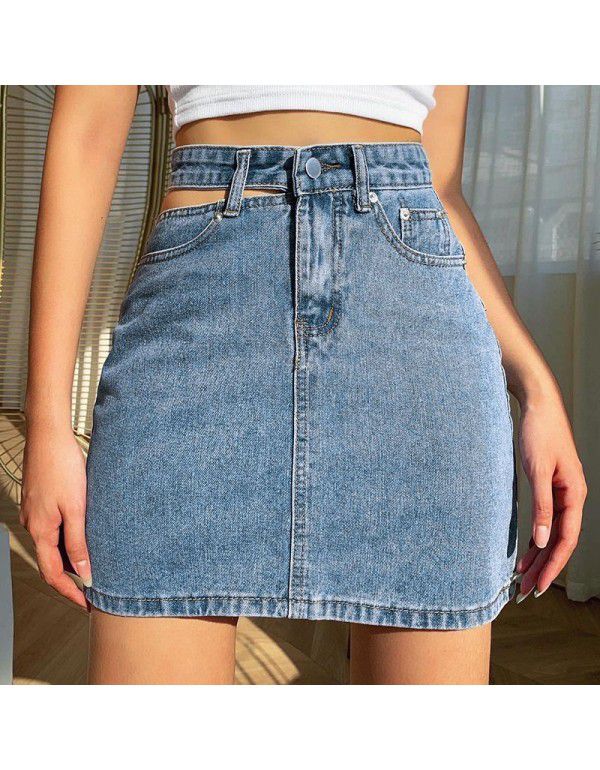 Hollow out Denim Skirt High Waist Slim Casual Wrapped Hip Denim Skirt Short Skirt Women