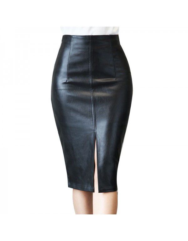 Autumn Temperament High Waist Split Women's Half PU Leather Skirt Wrapped Hip Skirt