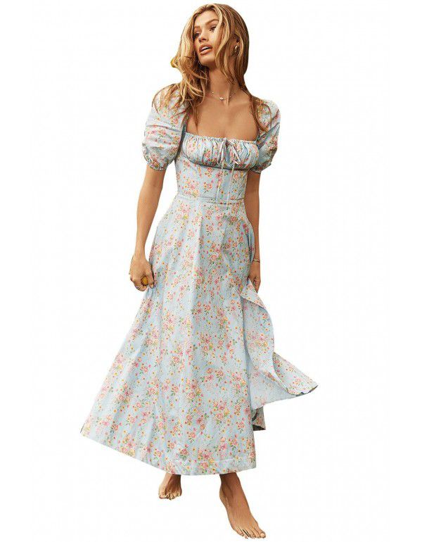 New Women's Summer Popular Fashion Bubble Sleeve Fragmented Flower Lace Up High Split Long Dress Women's Dress Summer