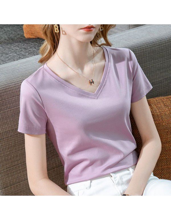 Ice feeling mercerized cotton short-sleeved t-shirt women's new style women's temperament v-neck pure cotton t-shirt pure color high-grade top 