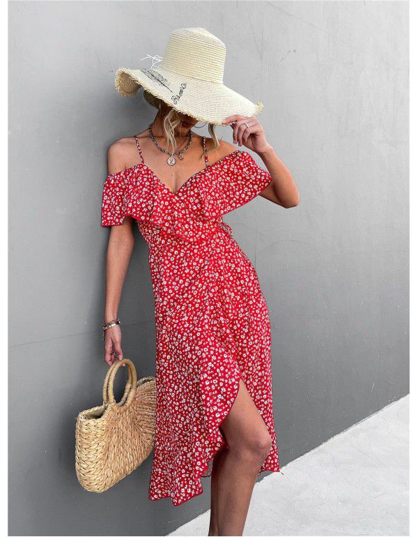 Popular Off Shoulder Floral Strap Dress Irregular Long Dress