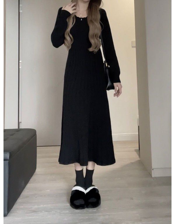 French Long Sleeve Knitted Dress Women's Autumn and Winter New Style Underlay Soft Hepburn Sweater Skirt