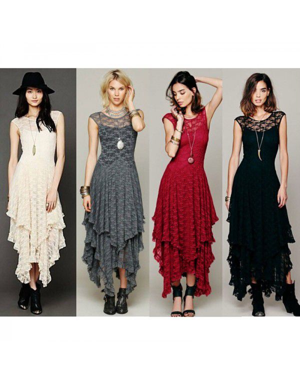 European station fashion women's popular irregular high and low lace skirt sexy long dress 