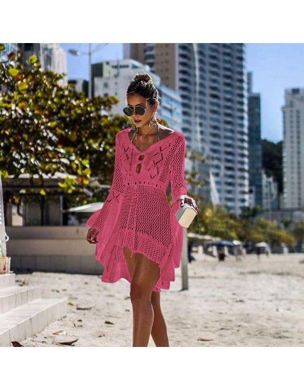 Irregular Deep V Sexy Flare Sleeve Hollow Out Woven Beach Gown Dress