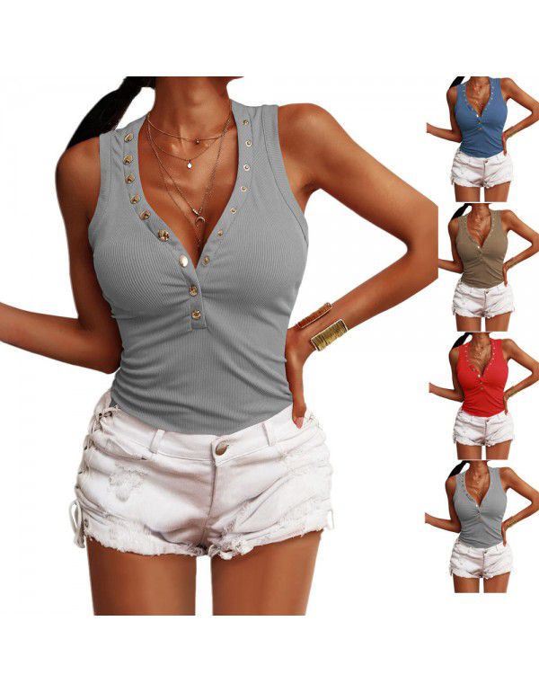 Threaded Button Slim Fit Tank Top T-shirt