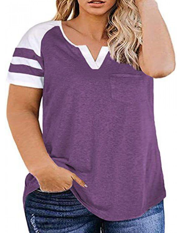 Amazon New Women's Plus Size Top Summer V-neck Raglan Sleeve T-shirt Pocket Style