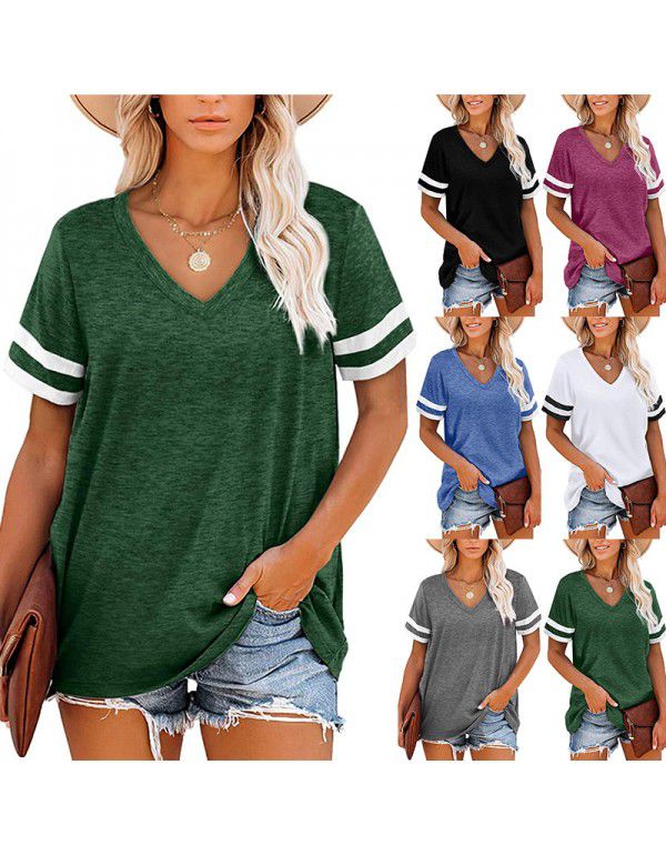 Summer New V-Neck Short Sleeve Contrast T-shirt Lo...