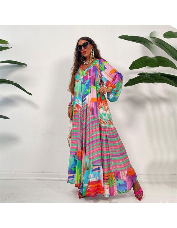 Oversized Swing V-Neck Print Dress Spring/Summer New Vintage French Court Style Pleated Long Sleeve Loose Fit Dress