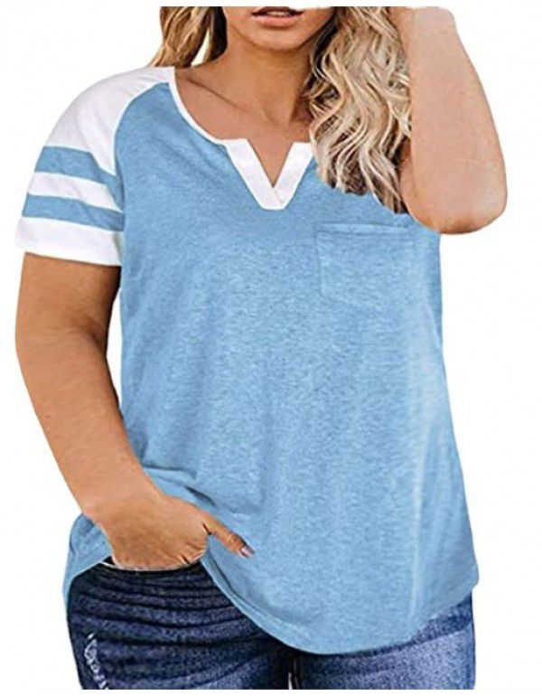 Amazon New Women's Plus Size Top Summer V-neck Raglan Sleeve T-shirt Pocket Style