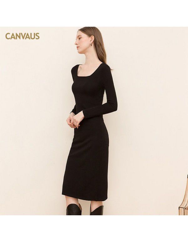 New Square Neck Cotton Medium Length Dress Women Solid Long Sleeve Slim Fit Split Mid Waist Pencil Dress Women