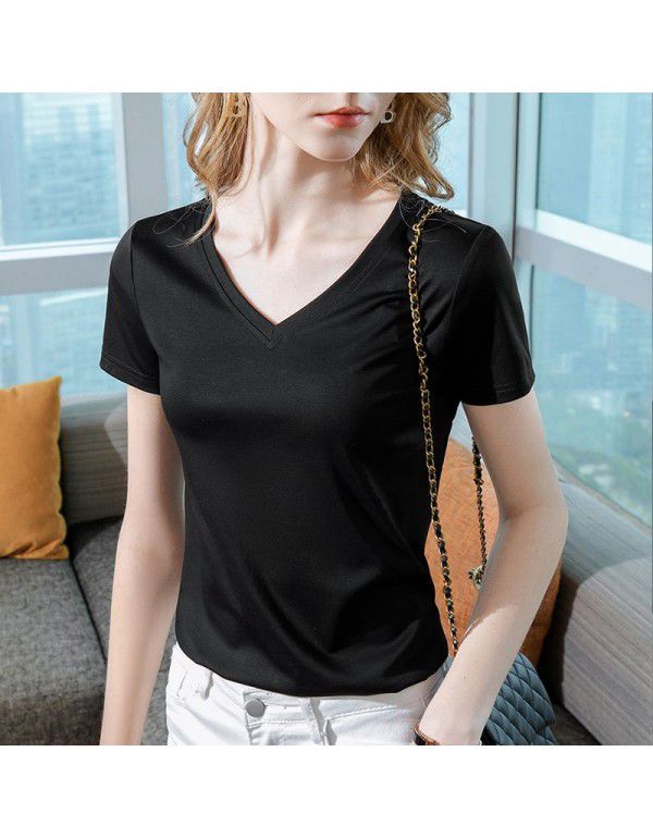 Ice feeling mercerized cotton short-sleeved t-shirt women's new style women's temperament v-neck pure cotton t-shirt pure color high-grade top 