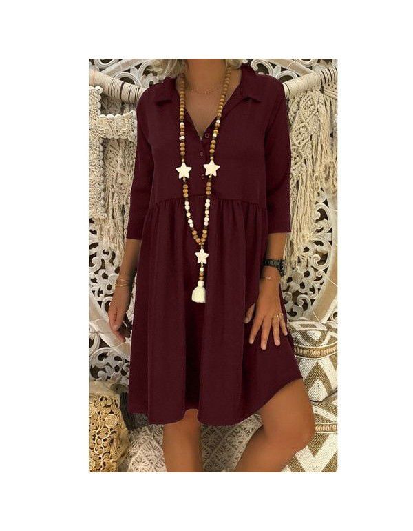 Popular European and American style 3/4 sleeve deep V-neck loose casual solid color dress