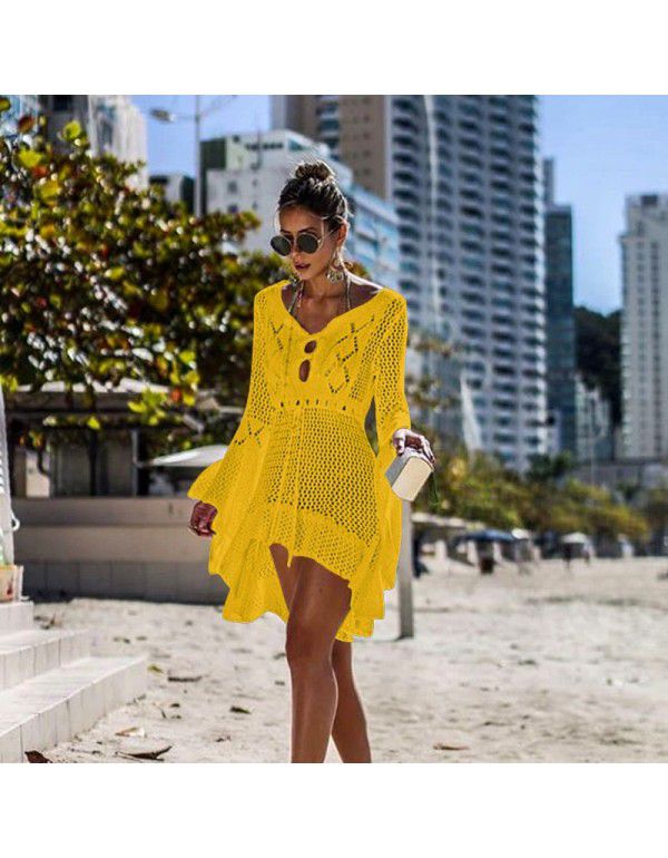 Irregular Deep V Sexy Flare Sleeve Hollow Out Woven Beach Gown Dress