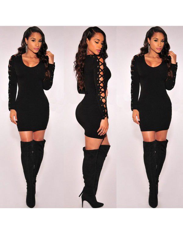 European and American Spring and Autumn New Popular Women's Round Neck Lace Off Shoulder Black Dress 