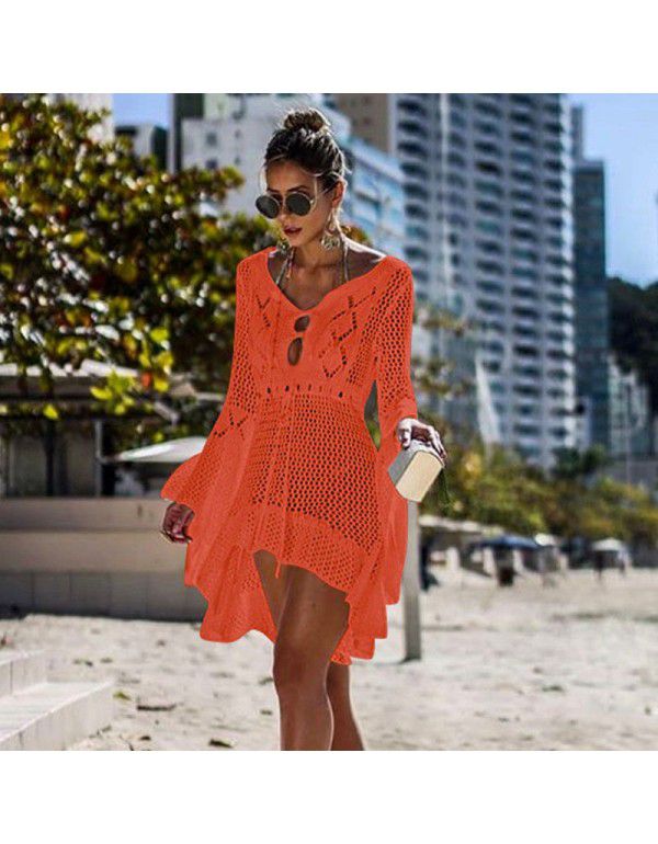 Irregular Deep V Sexy Flare Sleeve Hollow Out Woven Beach Gown Dress