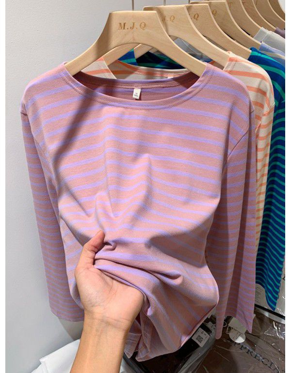 Cotton loose striped bottom shirt for women with spring and autumn Korean design sense long-sleeved T-shirt round neck versatile top 