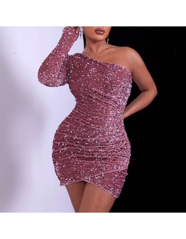 Summer new sexy one-shoulder sequin dress with high-grade feeling solid color evening dress with tight hot girls' buttock skirt 