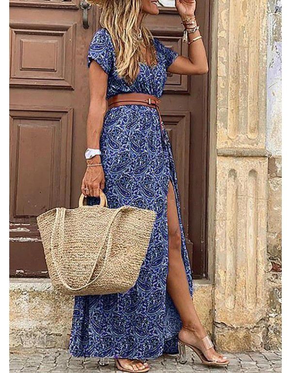 Popular European and American Bohemian style waistband printed long dress 