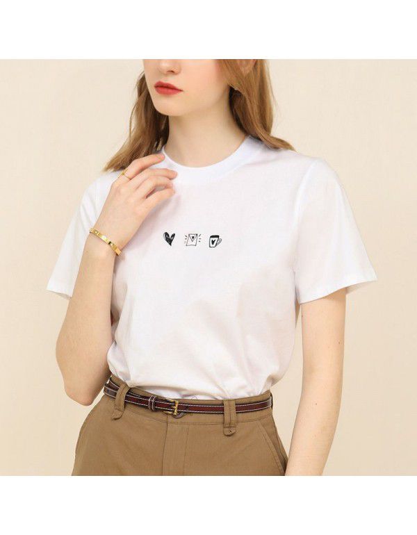 Summer new print short-sleeved t-shirt women's thin round neck cotton white cartoon top 