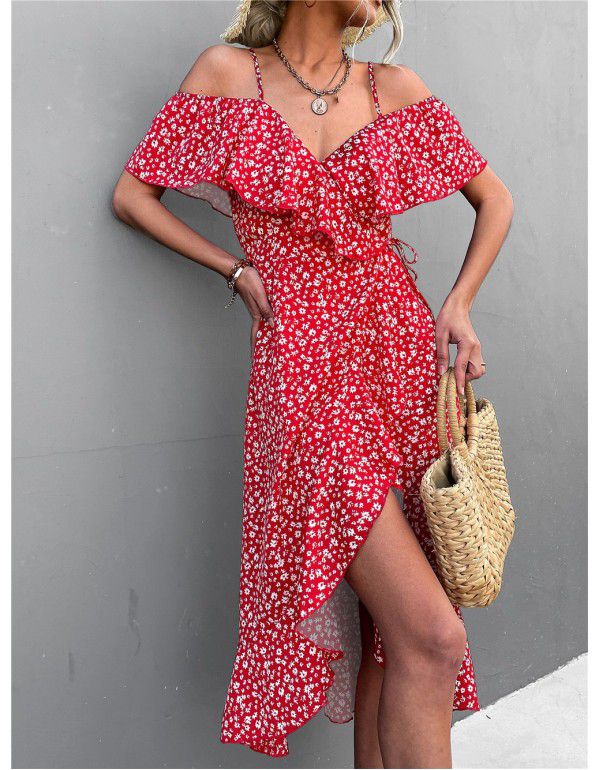 Popular Off Shoulder Floral Strap Dress Irregular Long Dress