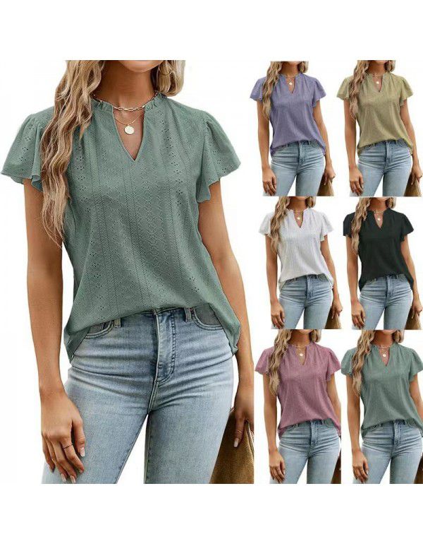 European and American loose solid color v-neck ruf...