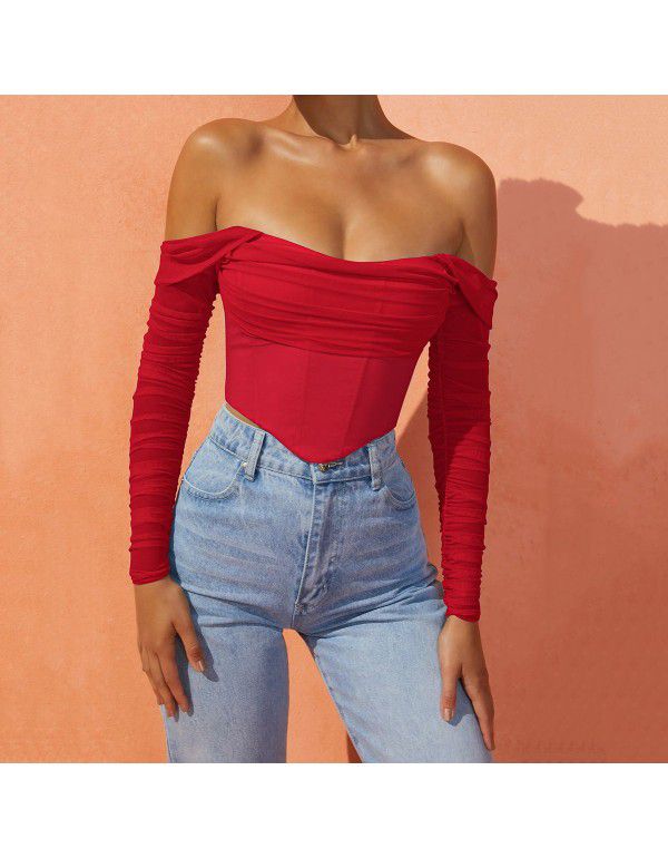 European and American women's clothing autumn and winter Amazon popular mesh fishbone perspective one-line collar exposed navel short T-shirt top female 